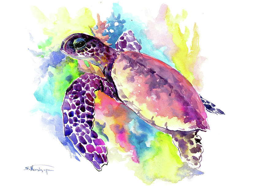 Hawaiian Sea Turtle in Coral Reef Painting by Suren Nersisyan