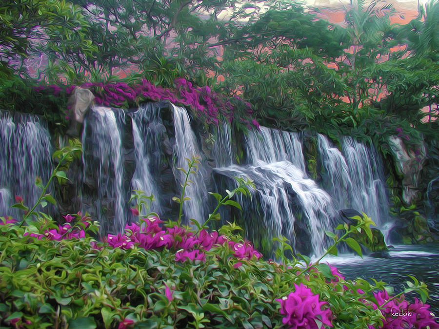 Hawaiian Wailea Waterfall at Sunrise Digital Art by Kedoki - Fine Art ...