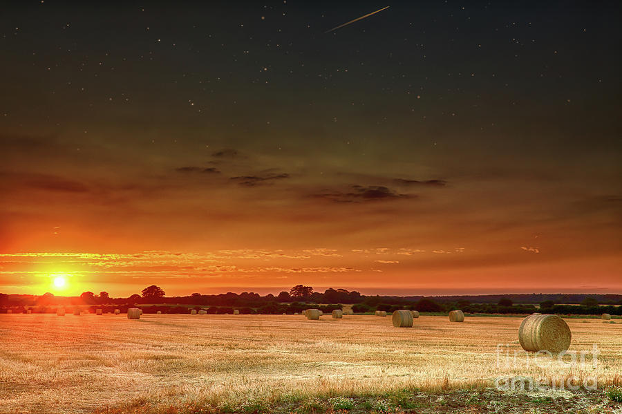 Hay bales at sunset and stars Photograph by Simon Bratt