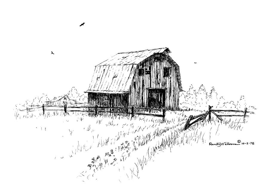 Hay Barn with Broken Gate Drawing by Randy Welborn