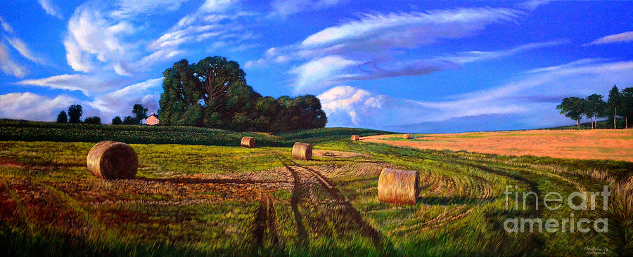 Hay Rolls on the Farm in oil painting Painting by Christopher Shellhammer