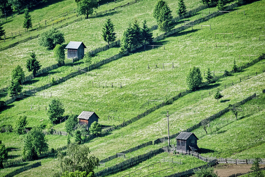 Hay Sheds on a Hillside - Romania Photograph by Stuart Litoff
