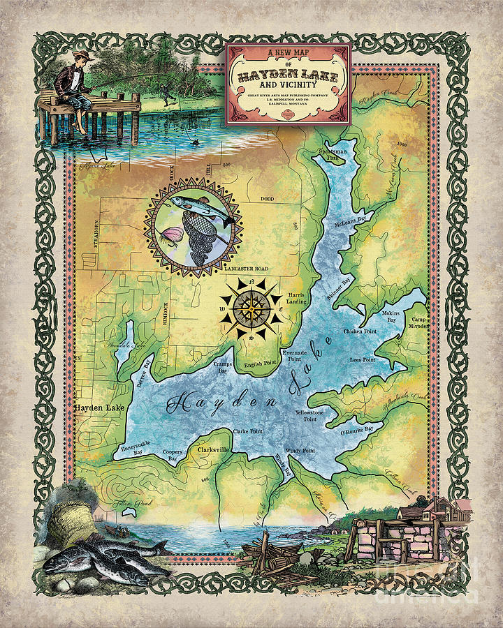 Hayden Lake Lake Gifts Idaho Gifts Hand Painted Historic Map Idaho Lakes Fishing Idaho By Lisa Middleton