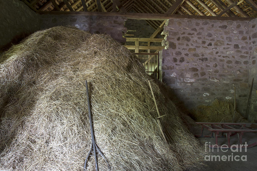 Haystack and pitchfork in old barn Photograph by Karen Foley