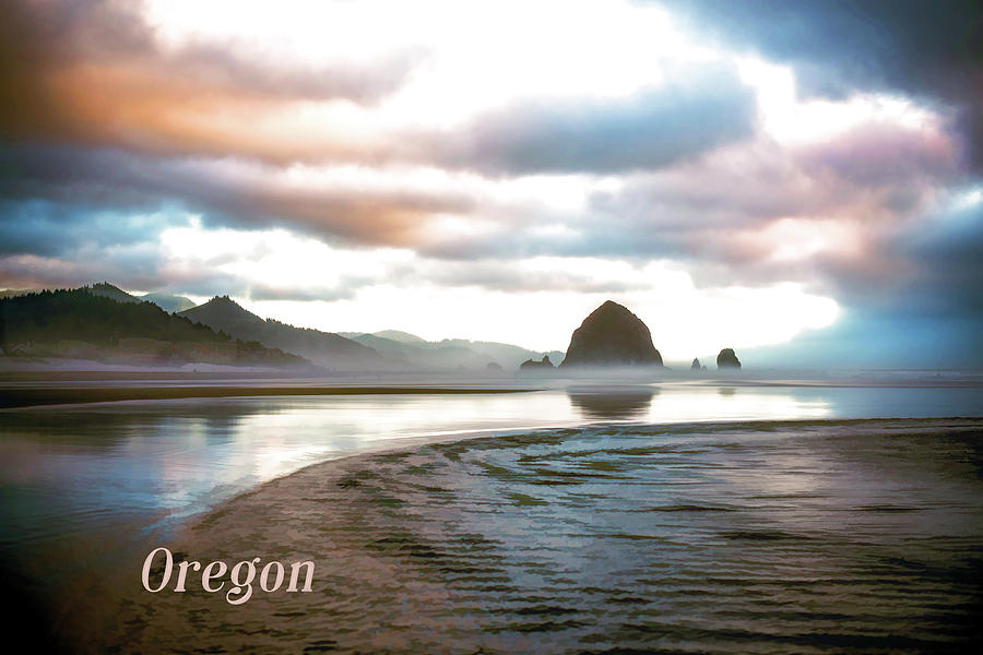 Beach Painting - Haystack Rock in Morning Mist Cannon Beach Oregon  TEXT ORECON by Elaine Plesser