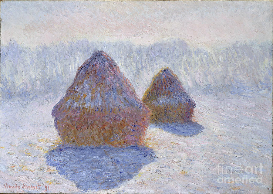 Claude Painting - Haystacks - Effect of Snow and Sun by Claude Monet