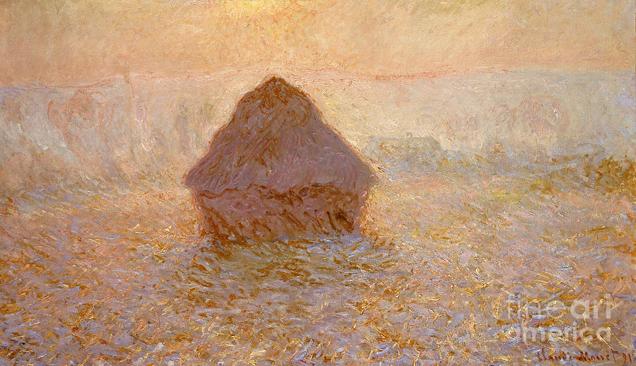 Haystacks, Sun in the Mist Painting by Claude Monet