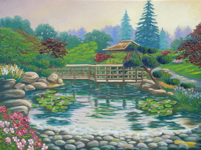 Bridge Painting - Hayward Japanese Garden by Tan Nguyen