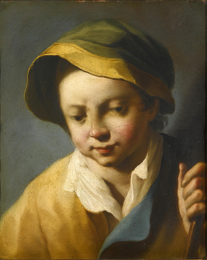 Head of a boy looking down wearing a green and yellow hat and holding a wooden staff Painting by Follower of Giovanni Battista Piazzetta