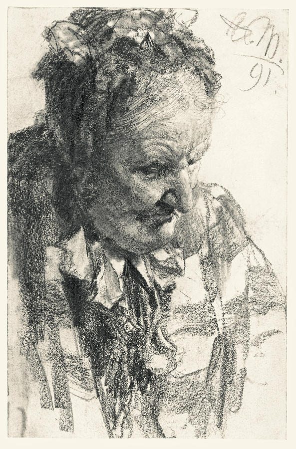 Head of a Woman. Downward Gaze Drawing by Adolph von Menzel