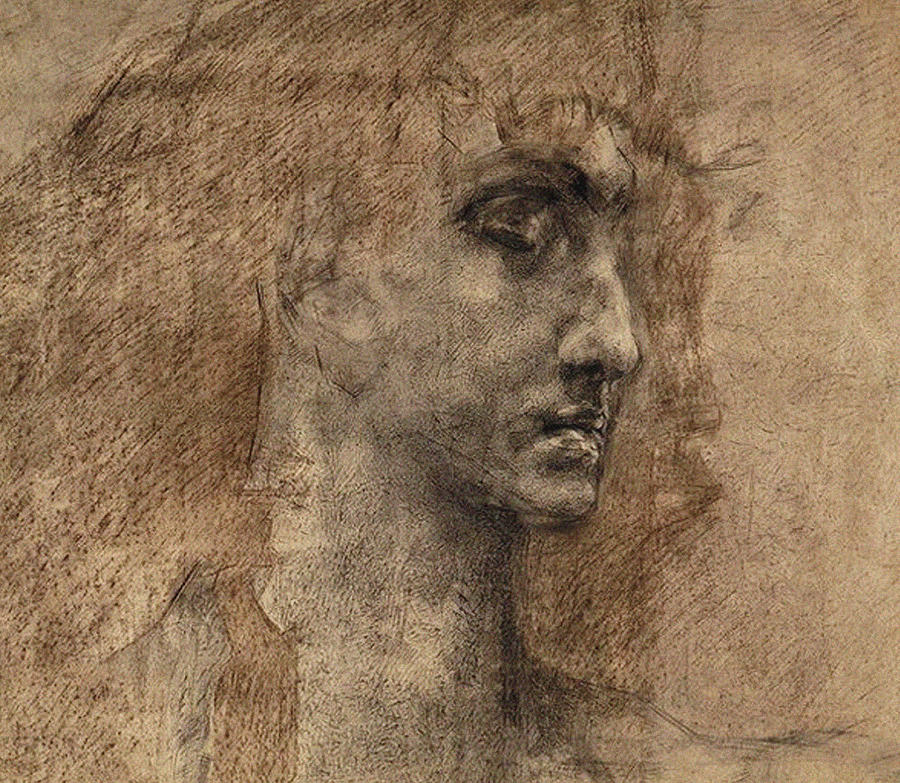 Portrait Drawing - Head of an Angel by Mikhail Aleksandrovich Vrubel