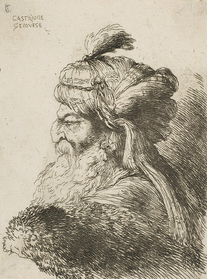 Head of an old man with a turban facing left Relief by Giovanni Benedetto Castiglione