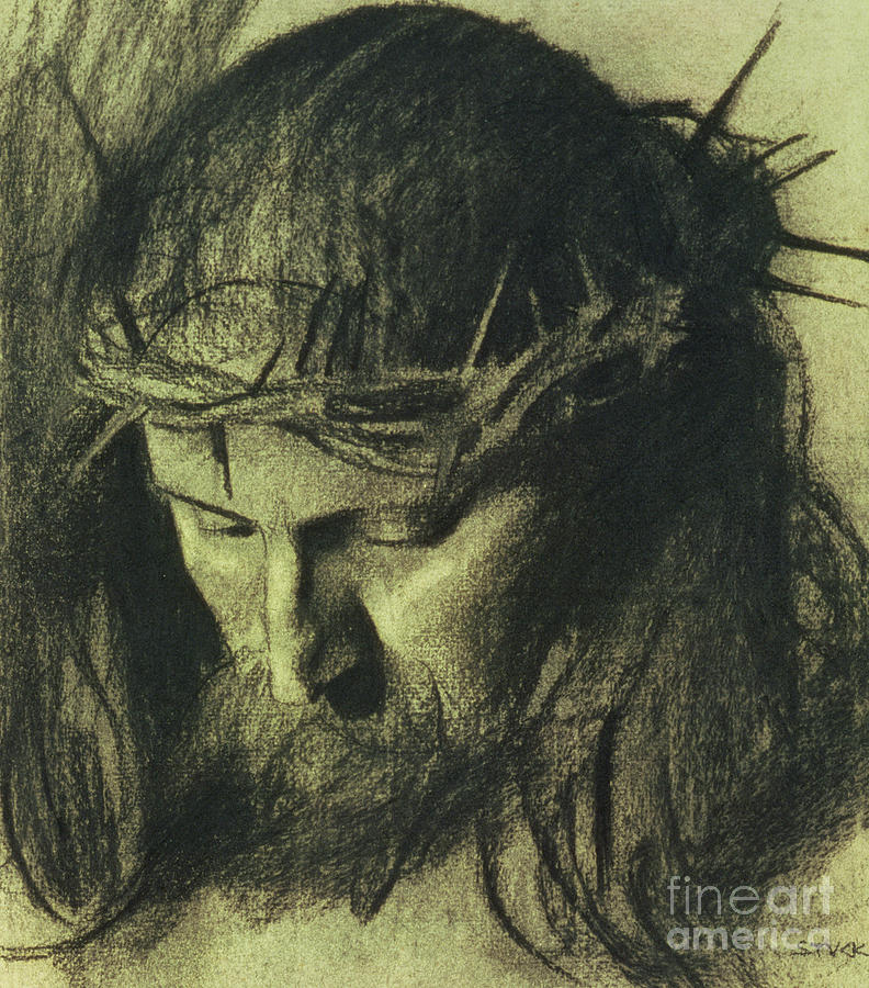 Portrait Drawing - Head of Christ by Franz Von Stuck