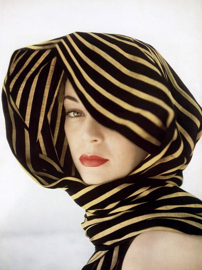 Jean Patchett In A Black And Gold Striped Shawl Photograph by Clifford Coffin