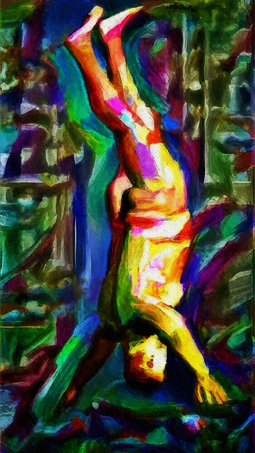 Portrait Painting - Headstand naked unconventional figure portrait painting bright colorful gymnastics old man nude male men athletic stomach fat feet head hands rainbow by MendyZ