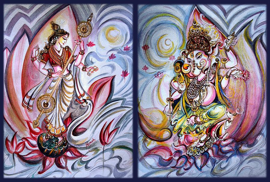 Buddha Painting - Healing Art - Musical Ganesha and Saraswati by Harsh Malik