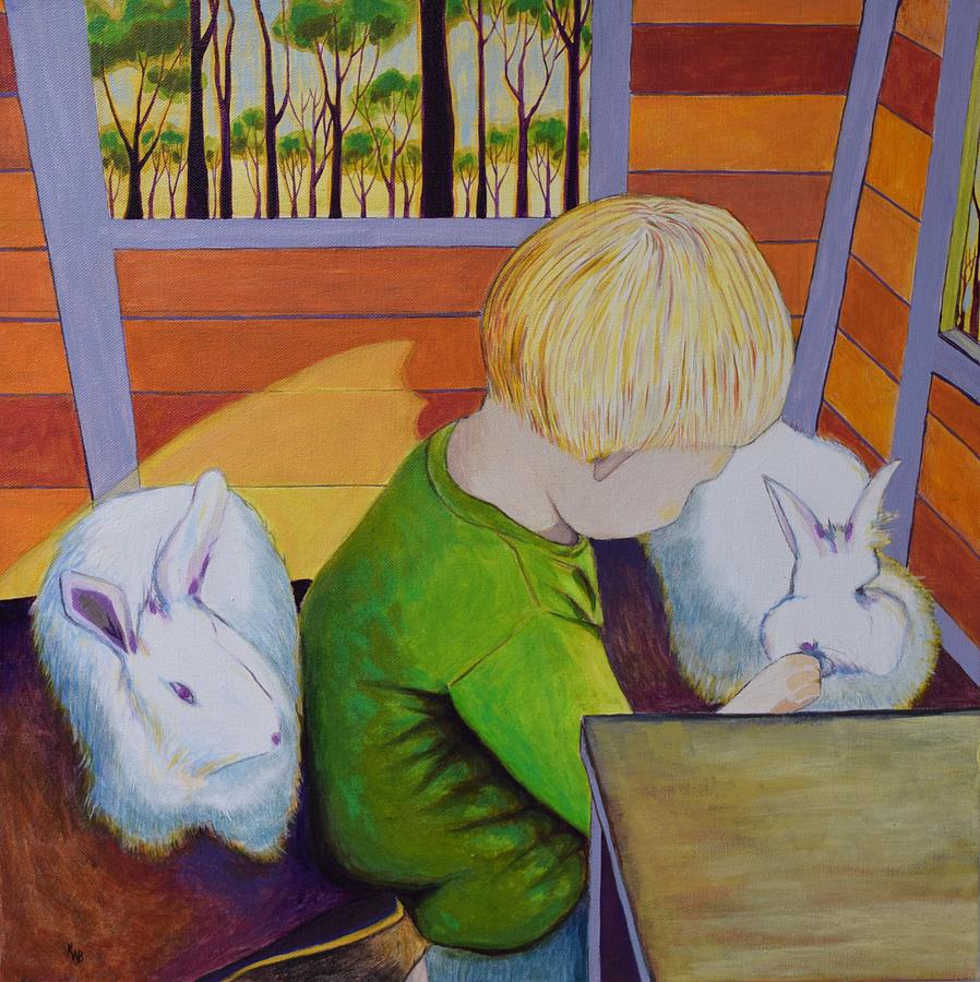 Emrys in the Bunny House Painting by Karen Williams-Brusubardis