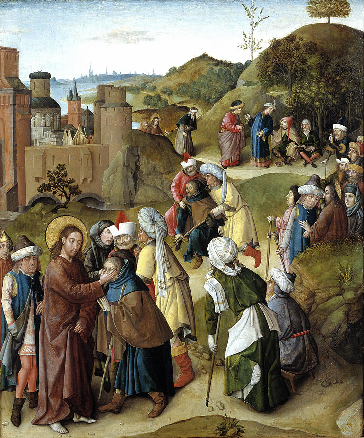 Healing the Blind near Jericho Painting by Master of the Gathering of the Manna