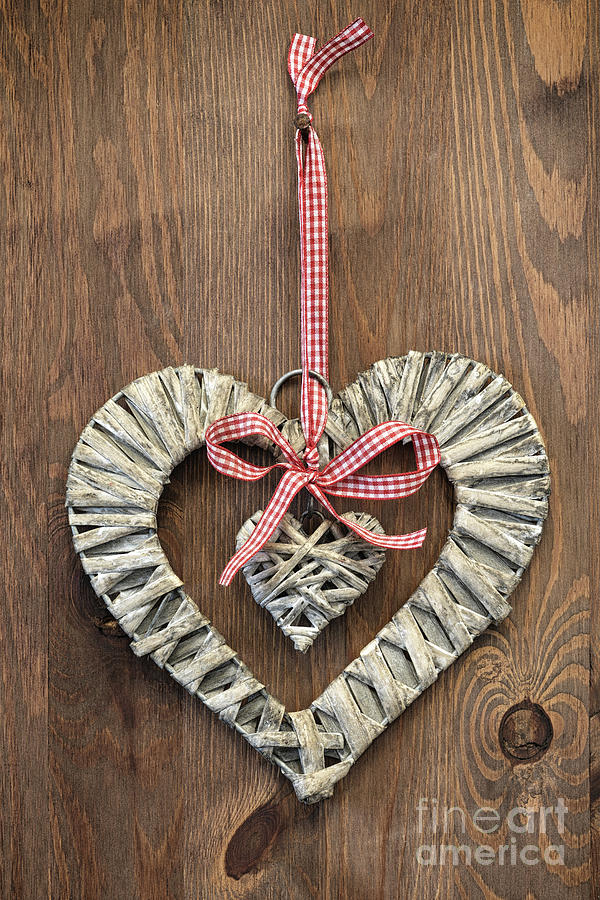 Heart And Ribbon On Wooden Background Photograph