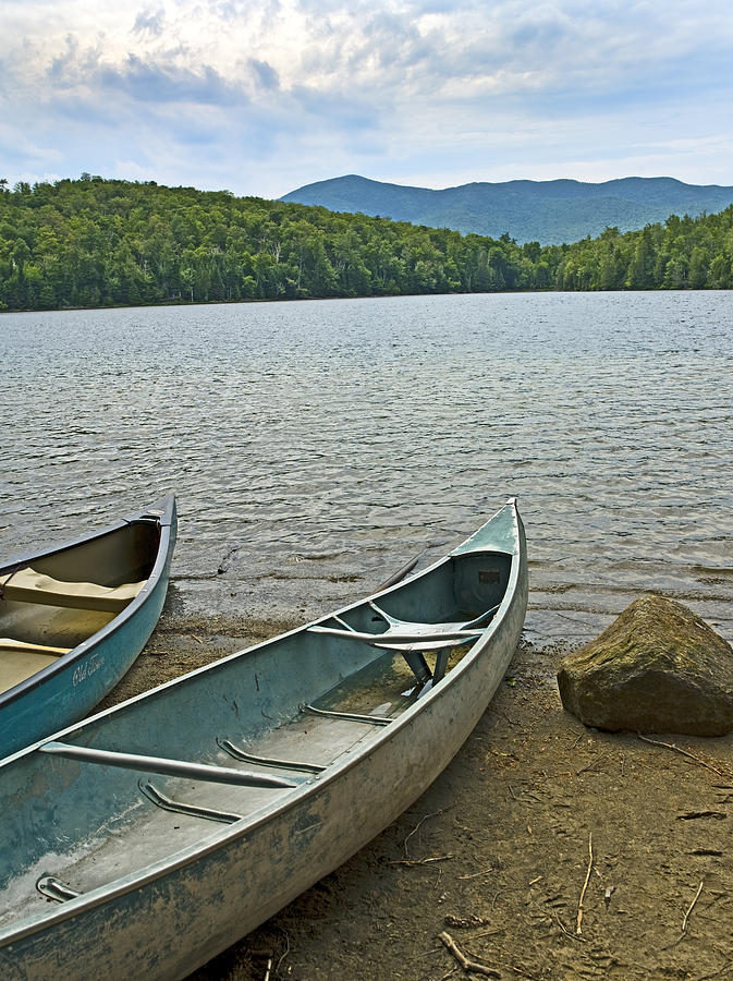 Mountain Photograph - Heart Lake Canoes in Adirondack Park New York by Brendan Reals