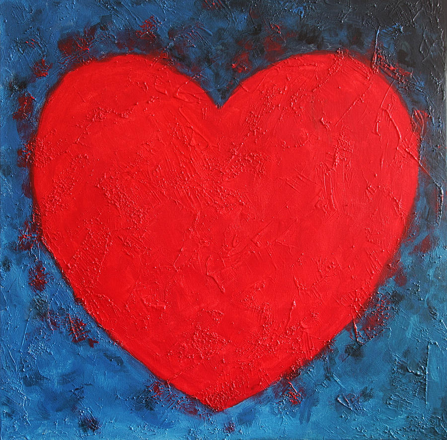 Abstract Painting - Heart shape symbol bright red on blue abstract background valentine gift by Jozef Klopacka