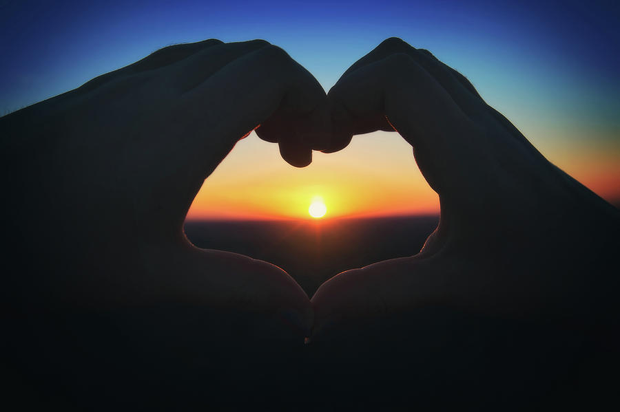 Heart Shaped Hand Silhouette - Sunset at Lapham Peak - Wisconsin Photograph by Jennifer Rondinelli Reilly - Fine Art Photography