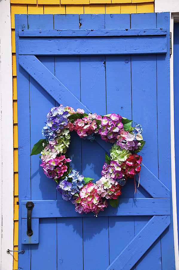 Heart Wreath On Blue Door Photograph by Garry Gay