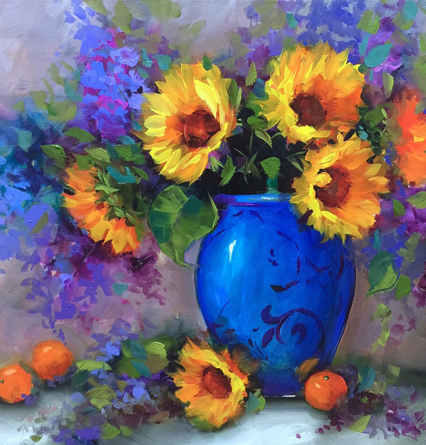 Sunflowers Painting - Hearts Glow Sunflowers and Cuties by Nancy Medina