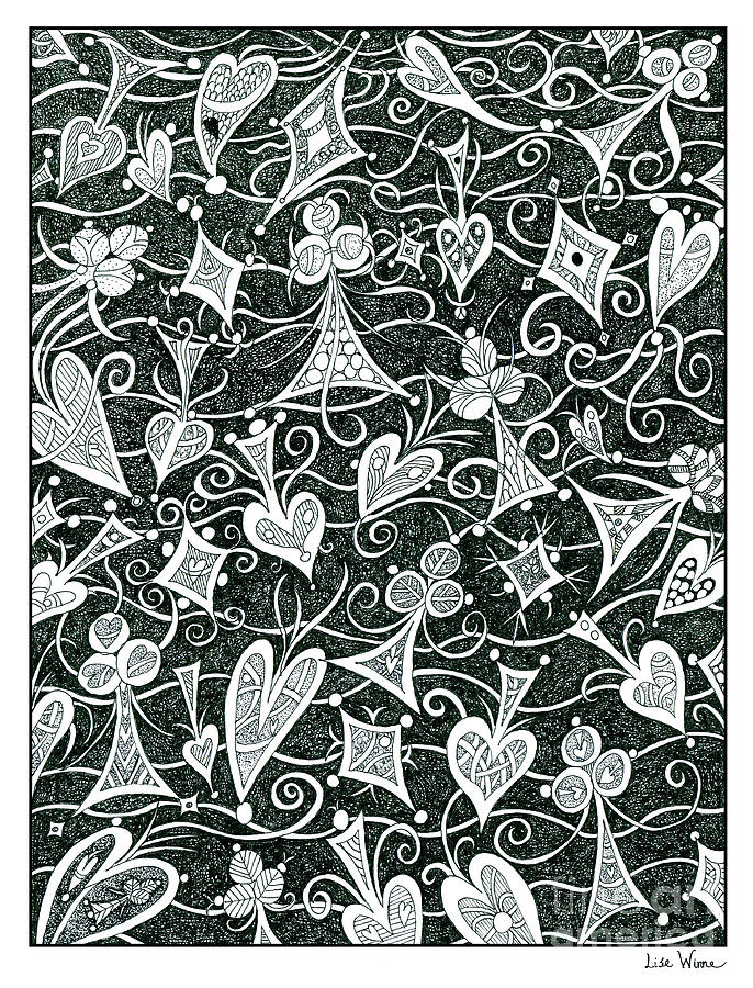 Hearts, Spades, Diamonds And Clubs In Black Drawing by Lise Winne