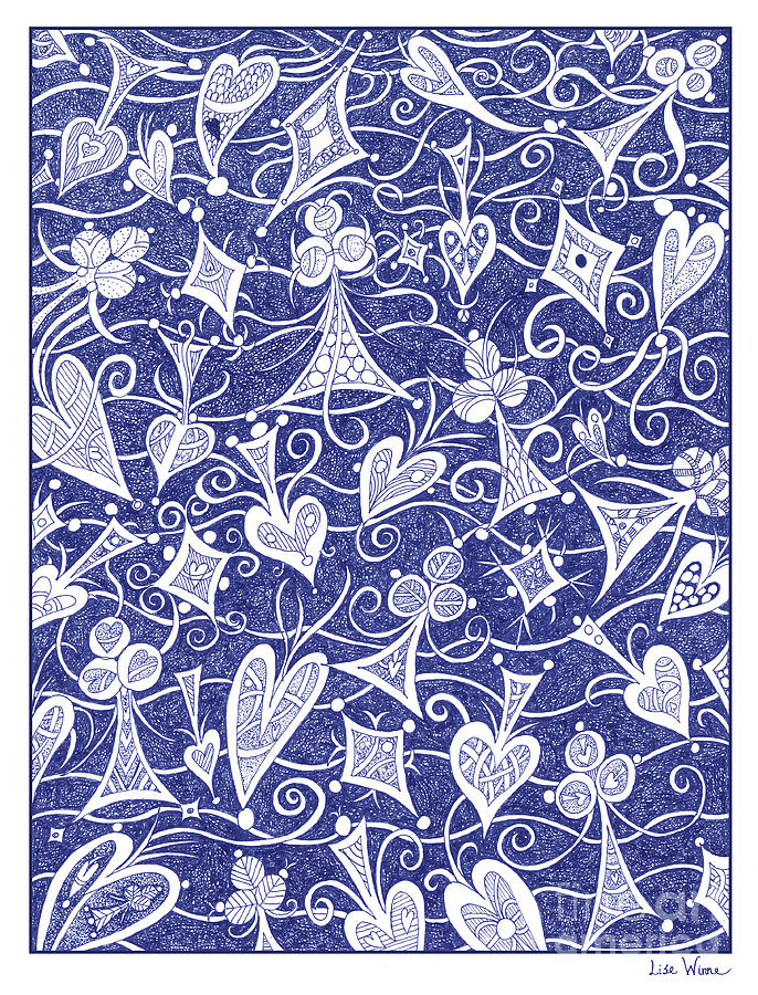 Hearts, Spades, Diamonds And Clubs In Blue Drawing by Lise Winne