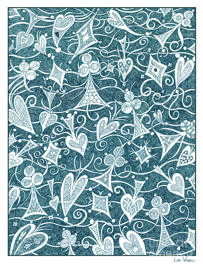 Hearts, Spades, Diamonds and Clubs in Green Drawing by Lise Winne