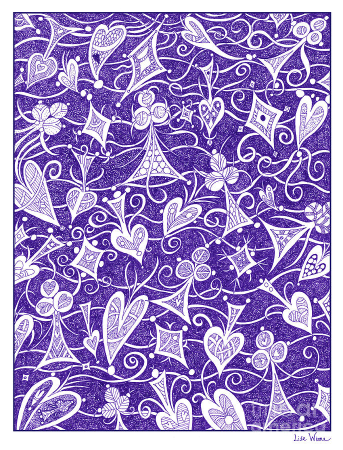 Hearts, Spades, Diamonds And Clubs In Purple Drawing by Lise Winne