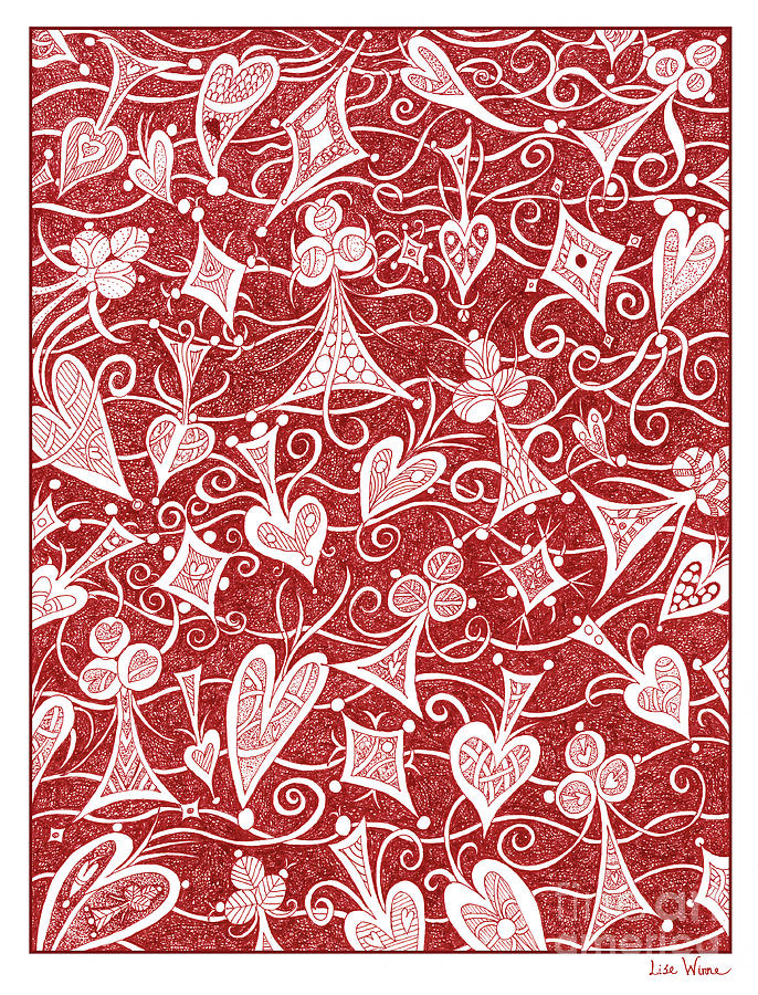 Hearts, Spades, Diamonds And Clubs In Red Drawing by Lise Winne