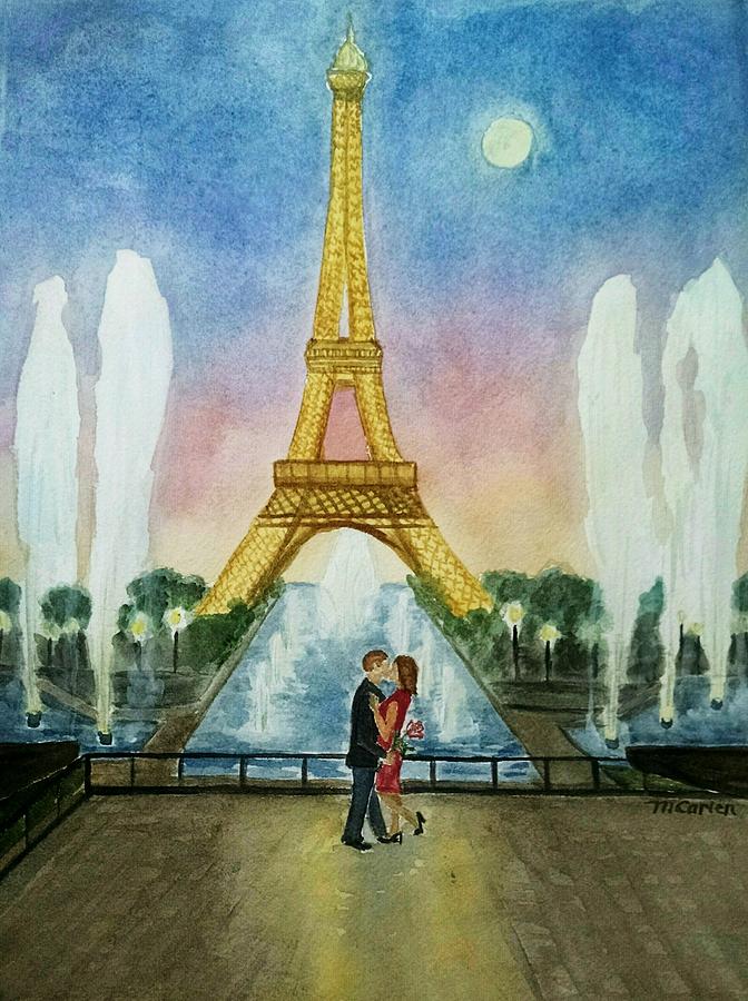 Hearts Unite Under the Paris Moonlight Painting by M Carlen