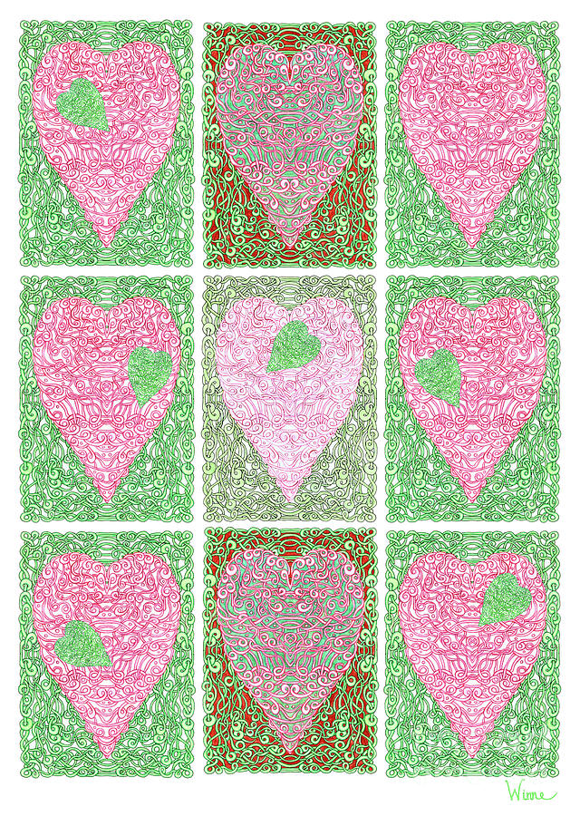 Hearts Within Hearts in Green and Pink Digital Art by Lise Winne