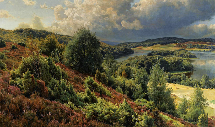 Heather-covered hills by the lakes near Silkeborgh Painting by Peder Monsted