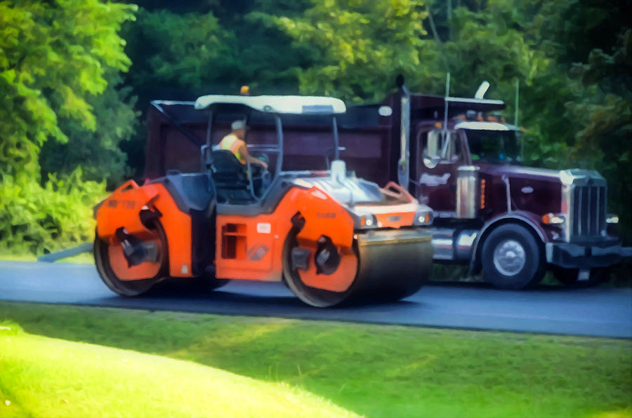 Heavy tandem Vibration roller compactor at asphalt pavement works for road repairing 1 Painting by Jeelan Clark