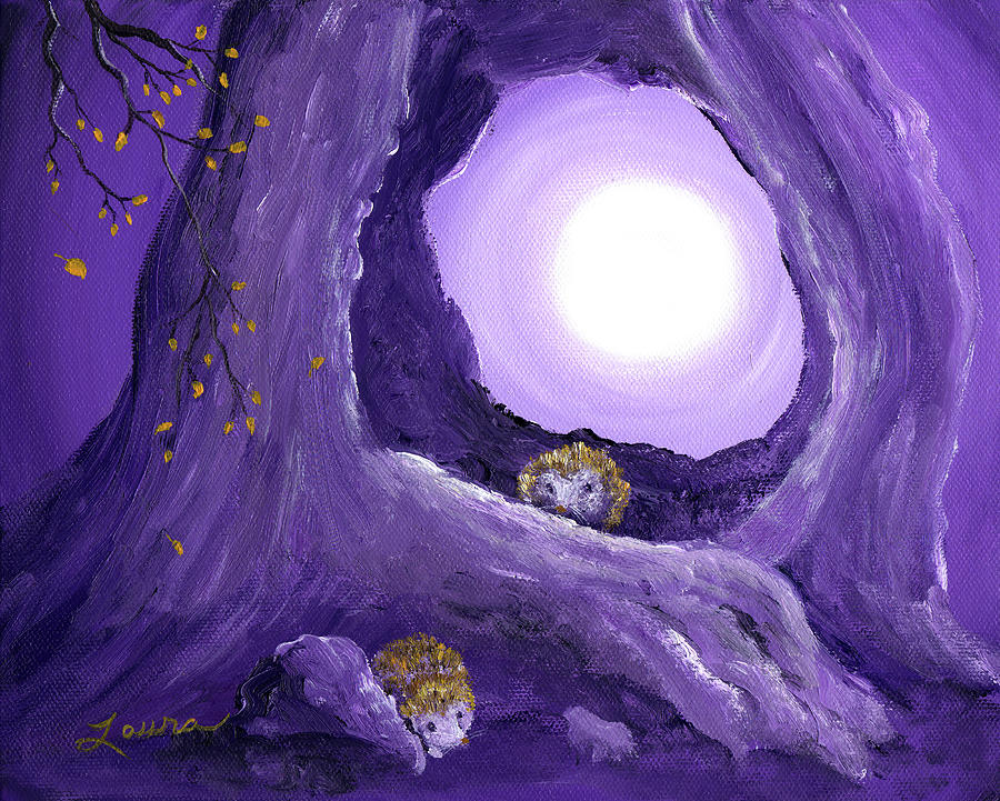 Hedgehogs in Purple Moonlight Painting by Laura Iverson