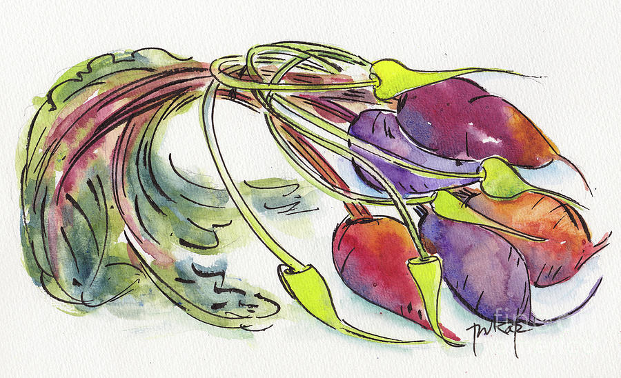 Heirloom Beets And Garlic Scapes Painting by Pat Katz