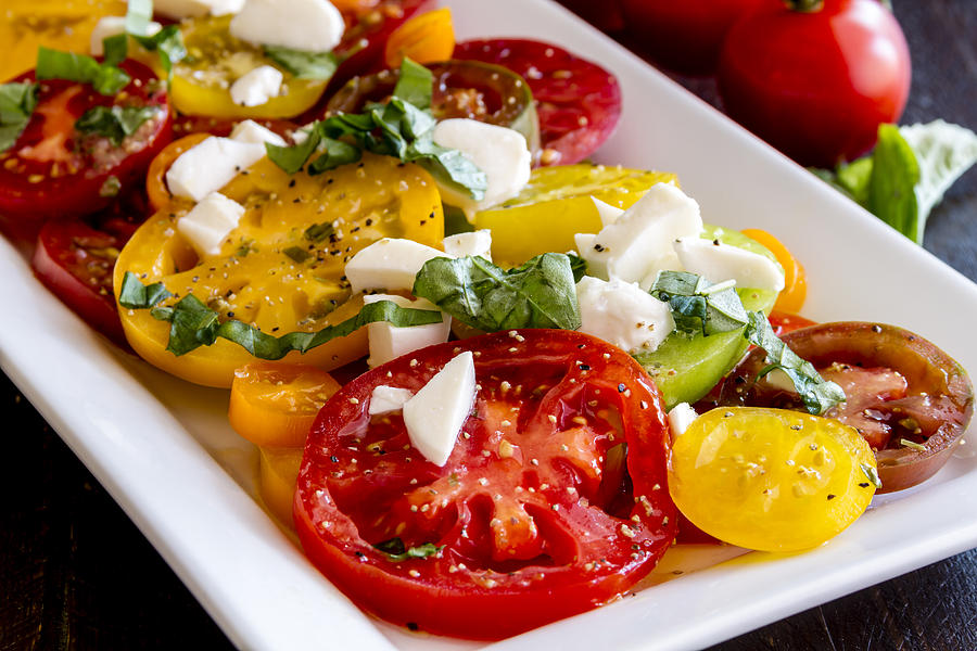 Heirloom Tomatoes, Basil and Cheese Photograph by Teri Virbickis