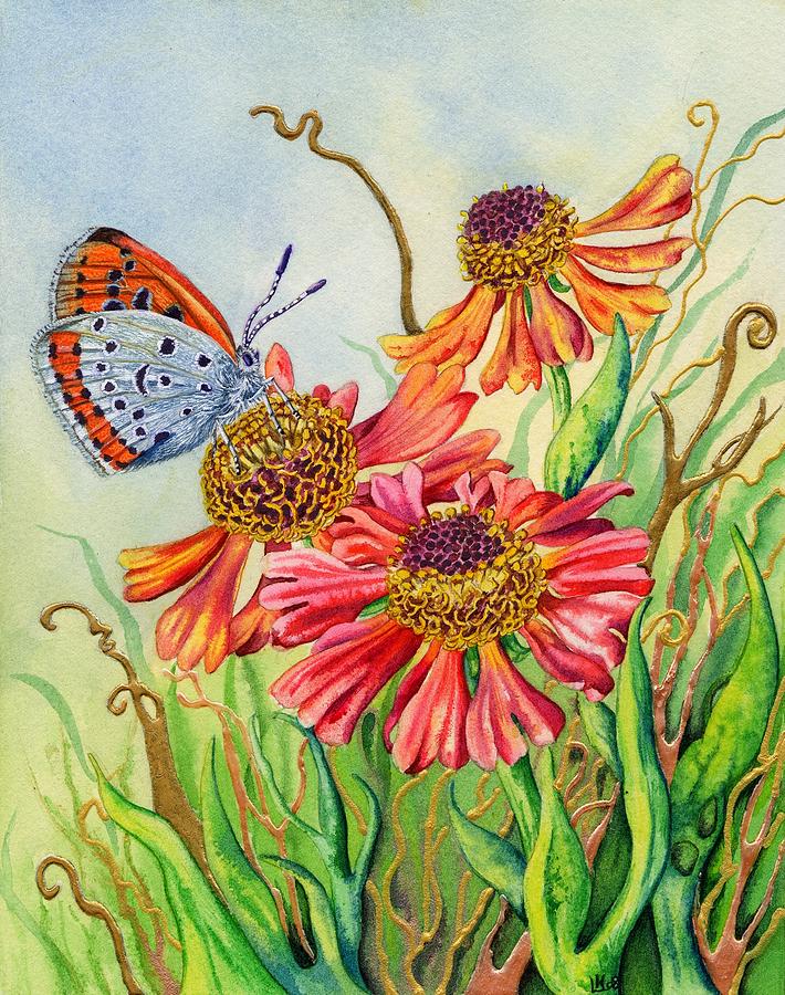 Helenium and Large Copper Butterfly Painting by Lynne Henderson