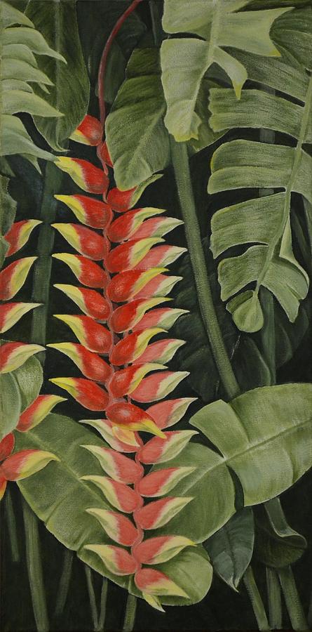 Heliconia Forest Triptych - Center Panel Painting by Mary Deal
