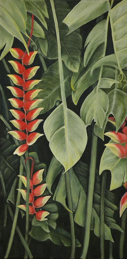 Heliconia Forest Triptych - Left Panel Painting by Mary Deal