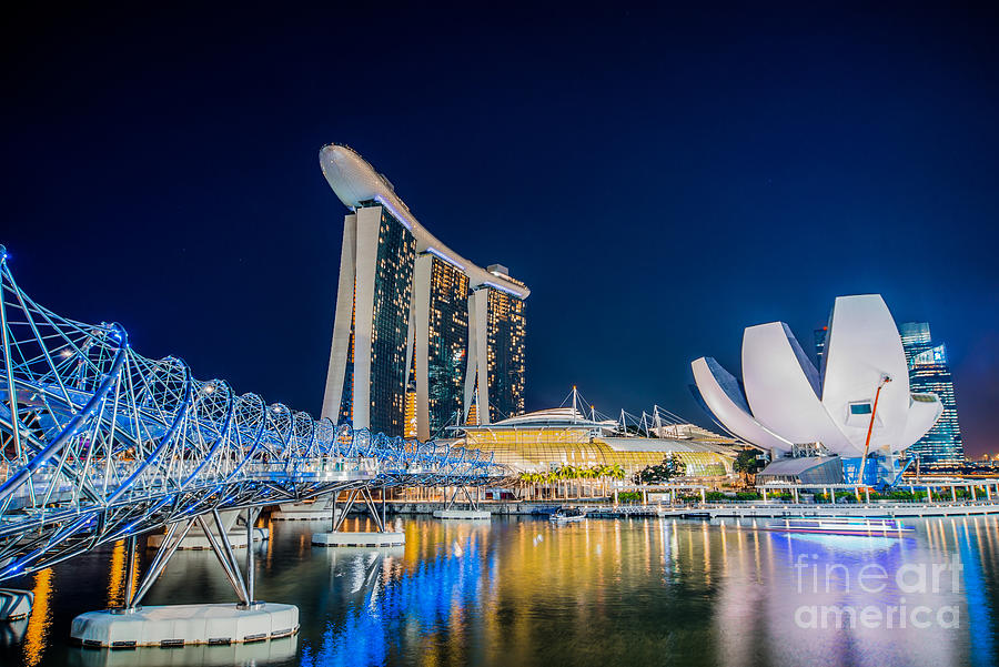 Helix Bridge at night, Singapore Photograph by Delphimages Photo Creations