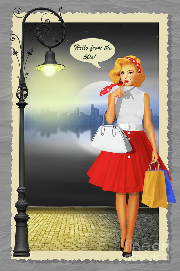 Vintage Digital Art - Hello from the 50s Shopping Girl by Monika Juengling