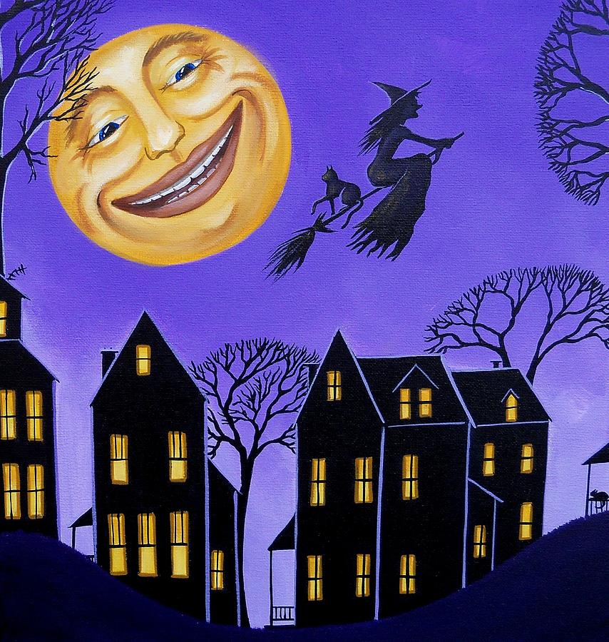 Folk Art Halloween WITCH FlyingPRINT Country Flight  Moon Beautiful Colors 