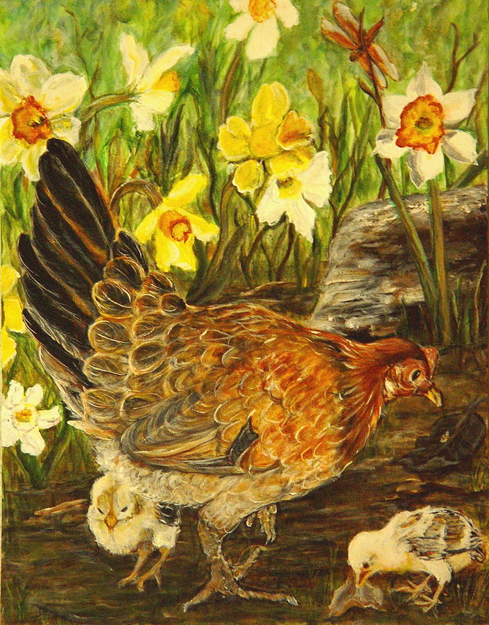 Hen and chicks I Painting by Bonnie Peacher