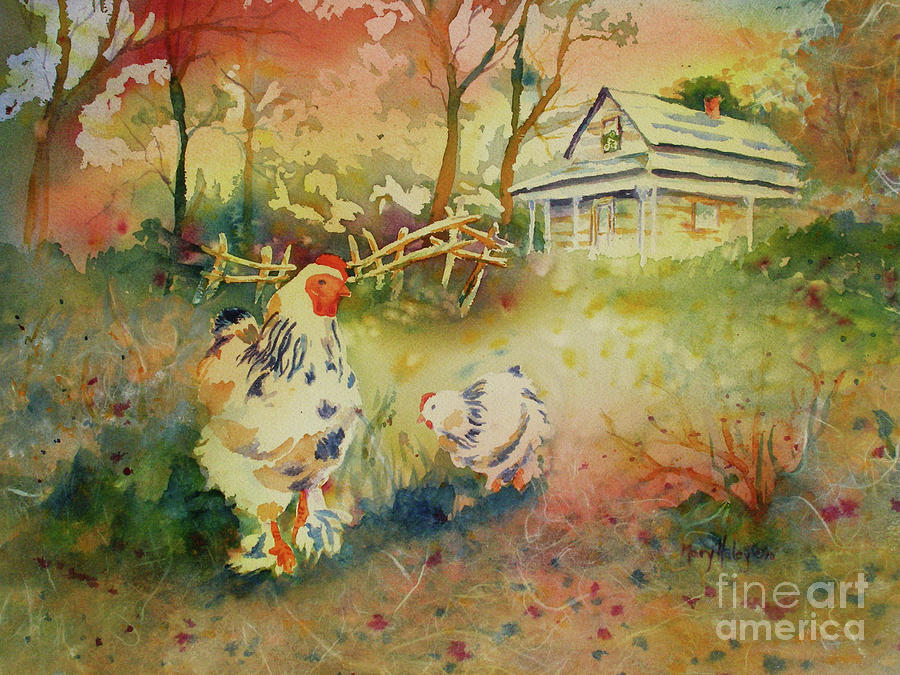 Rooster Painting - Hen and Rooster by Mary Haley-Rocks