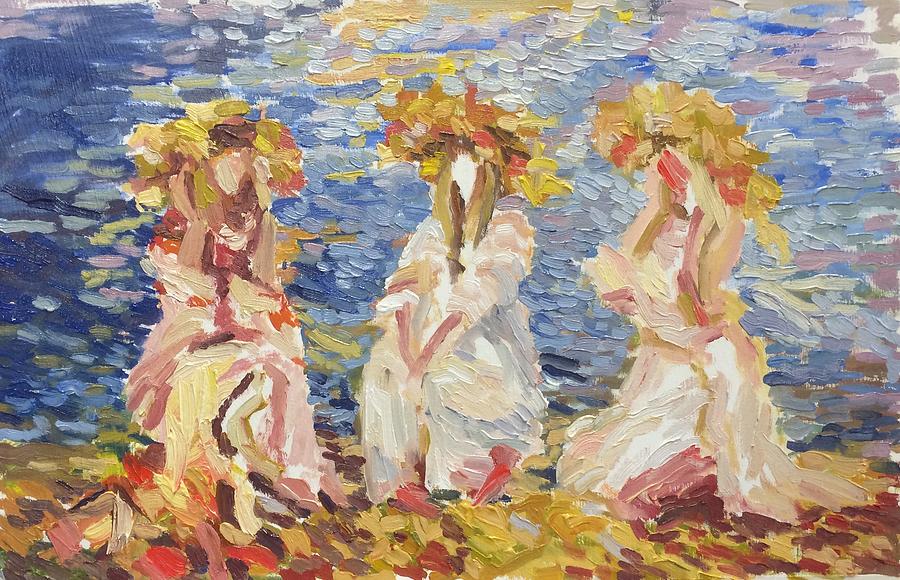 Hen-party on the shore Painting by Nelya Pinchuk
