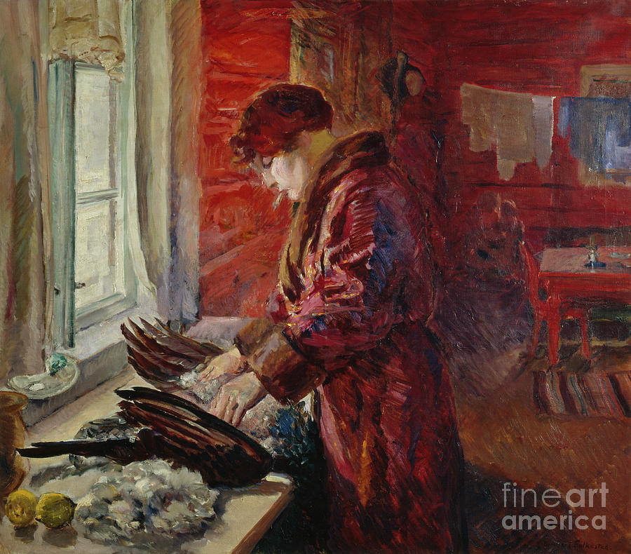 Hen picking  Painting by Bernhard Folkestad